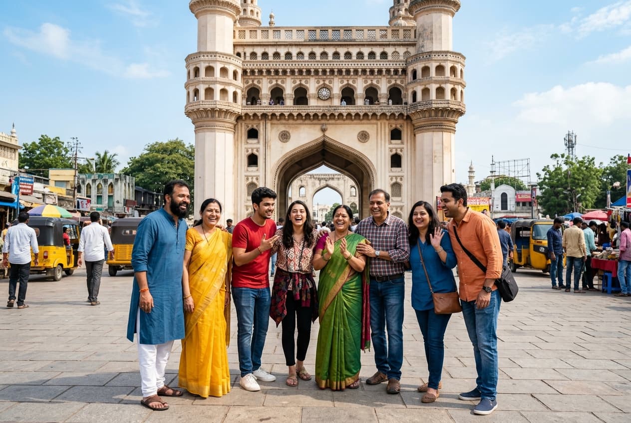 Travelers in front of Charminar, Hyderabad