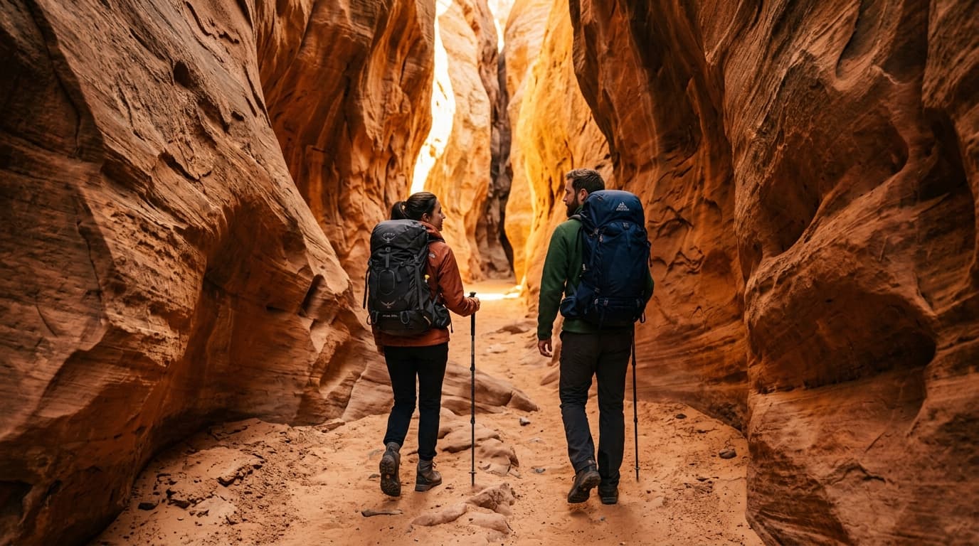 Hikers walking through sandstone canyon