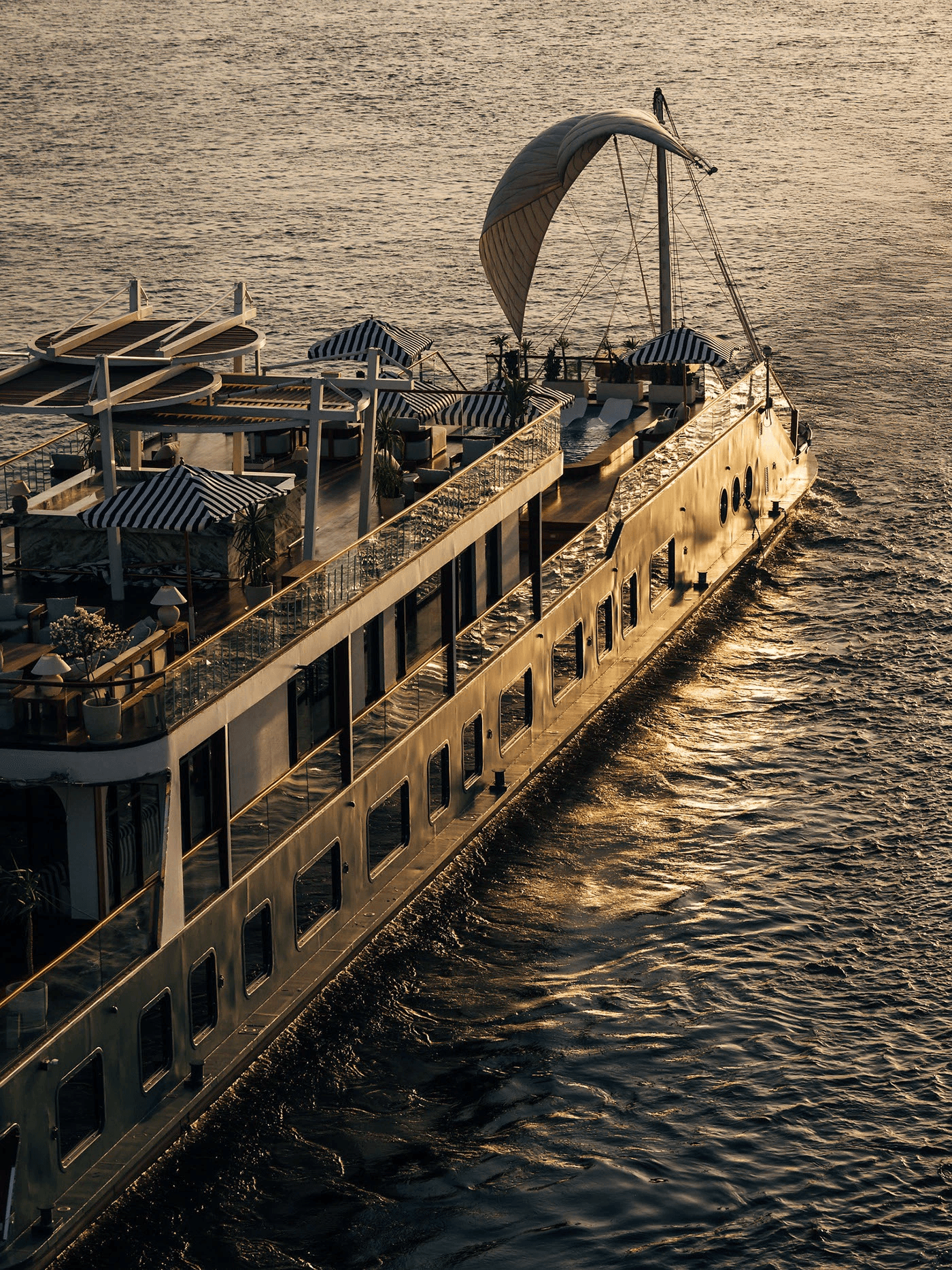 Sunset over the deck of a sailing river cruise ship