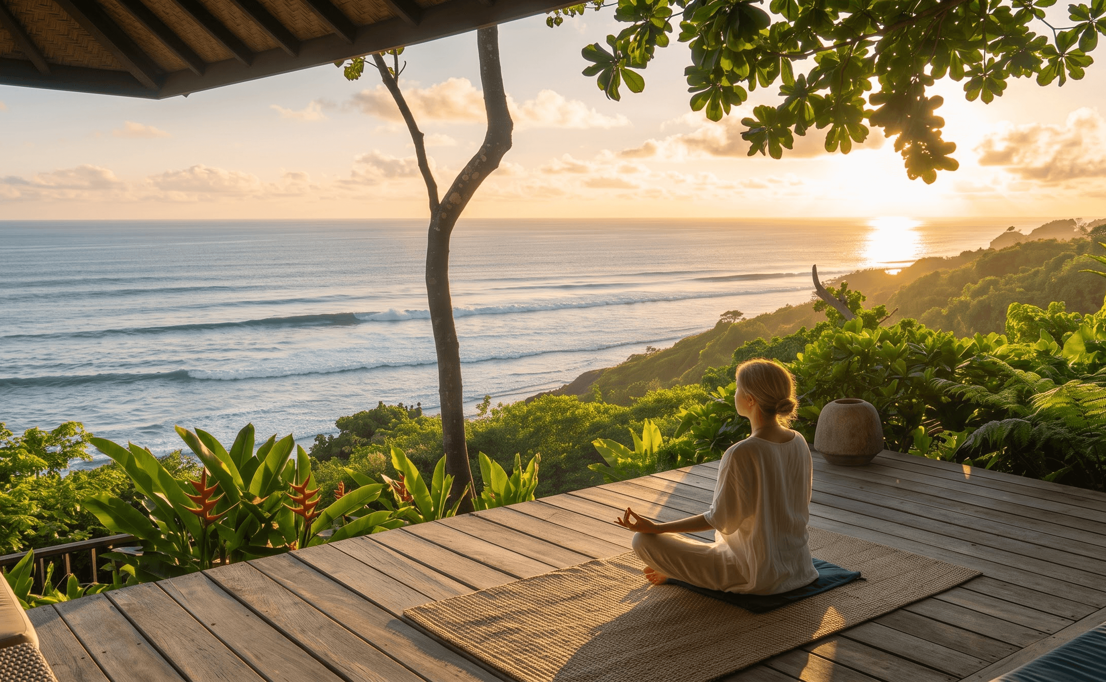 Woman meditating on a wooden deck above the sea at sunrise
