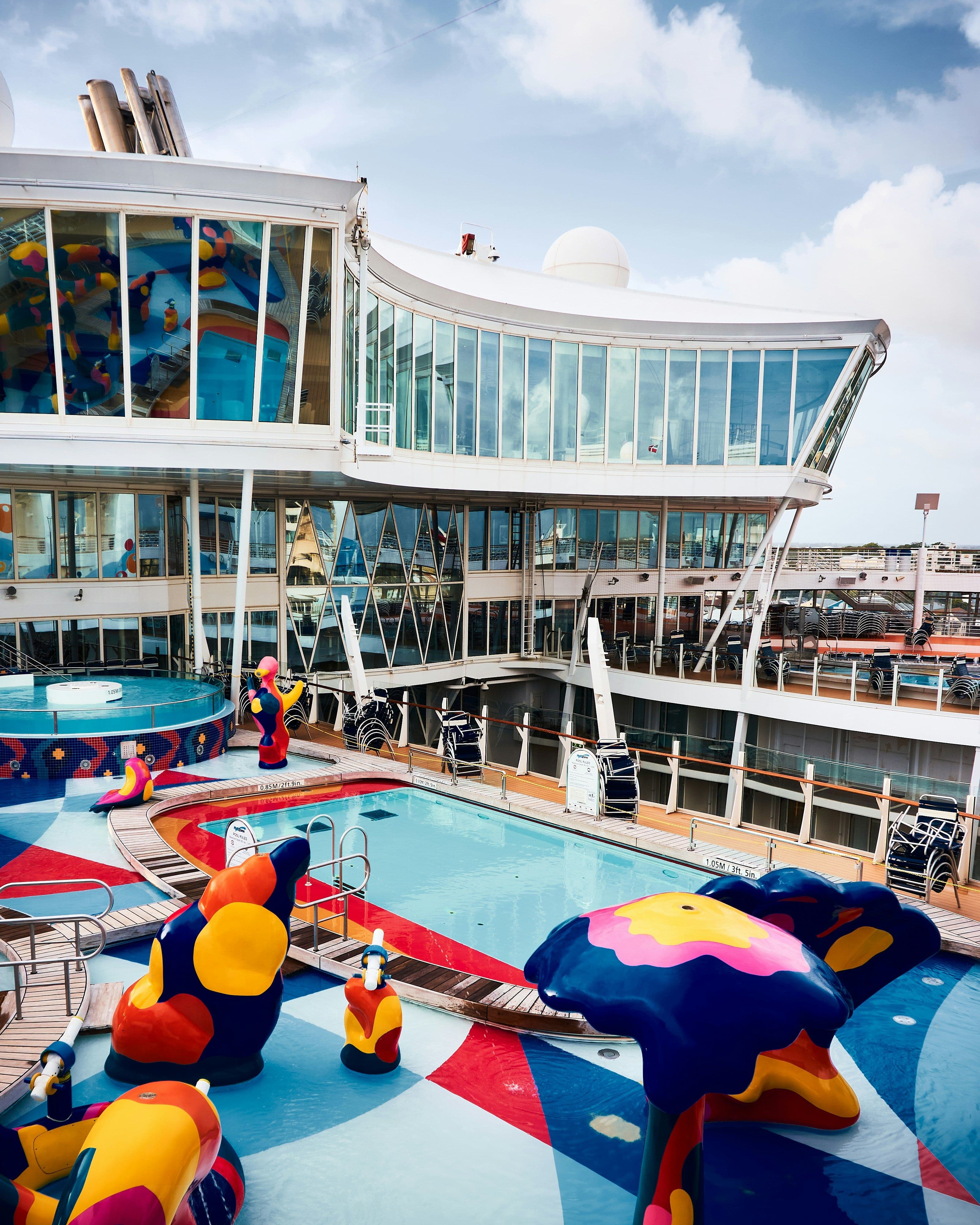 The pool deck of a cruise ship on a day at sea